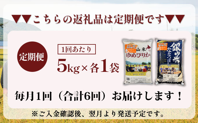 6ヵ月 定期便 銀山米研究会の無洗米＜ゆめぴりか＆ななつぼし＞セット 計10kg（各1袋×5kgずつ）ライス 白米 精米 ブランド米 おにぎり お弁当 北海道産 産地直送 ご飯 時短 朝ごはん 夜ごはん 昼ごはん [株式会社 松原米穀]