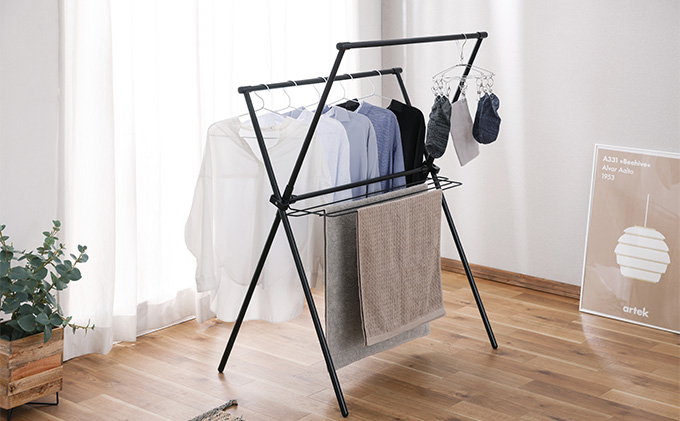 簡単組立スタイル物干し STMX-920 ブラック アイリスオーヤマ 洗濯用品 室内干し 伸縮パイプ 省スペース ピンチハンガー バスタオル ふとん タオルハンガー 着脱可能 折り畳み コンパクト 黒 