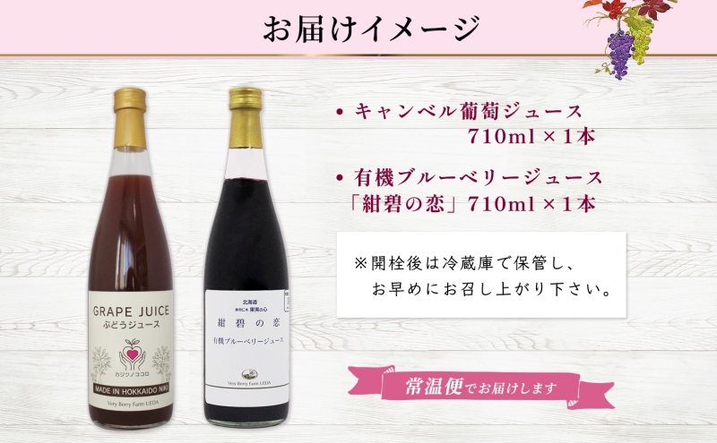 ブドウジュース 有機ブルーベリー ジュース 飲み比べ 各1本 計2本 セット キャンベル ぶどう 紺碧の恋 果汁 100％ お取り寄せ ギフト 北海道 仁木町