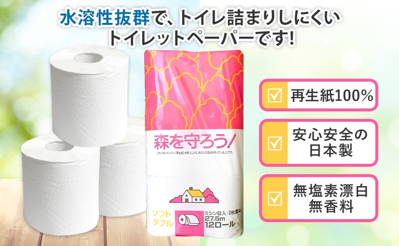 岐阜県美濃市のふるさと納税 トイレットペーパー森を守ろう ダブル 27.5m 12ロール × 8袋 計96ロール 紙 ペーパー ソフト ミシン目入り エンボス 日用品 消耗品 再生紙 無香料 厚手 備蓄 まとめ買い 防災 ストック 送料無料 人気 牧製紙 岐阜県 美濃市