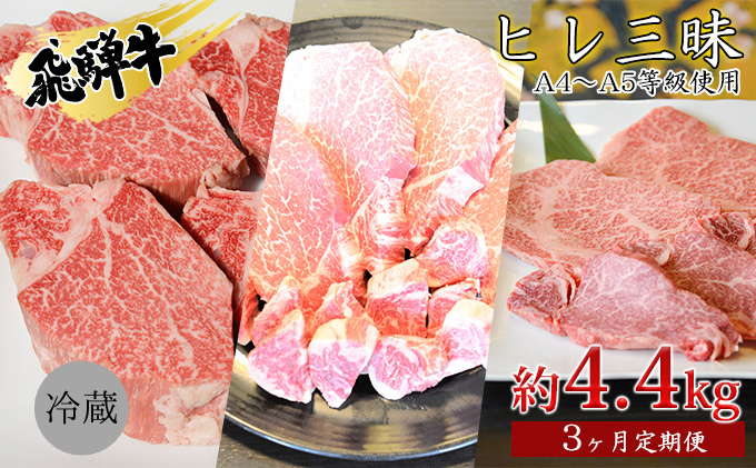 飛騨牛　ヒレ三昧　計4.4kg A4～A5等級使用（3ヶ月定期便） お肉 牛肉 国産 ブランド和牛 希少部位 最高級部位 シャトーブリアン 霜降り ロース 真空パック 冷蔵 ヒレステーキ サイコロステーキ 焼肉用 