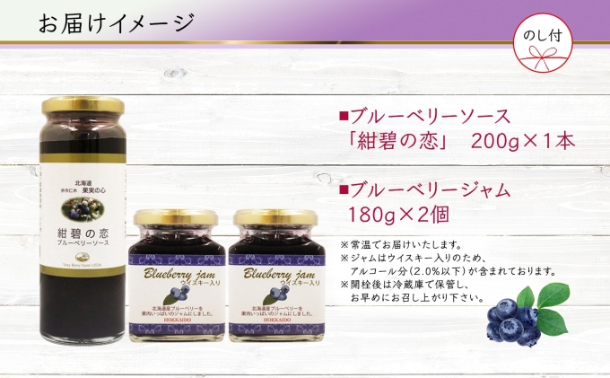 無地熨斗 北海道産 ブルーベリーソース 1本 ブルーベリージャム 2個 セット ジャム瓶 ブルーベリー 詰め合わせ のし付き フルーツ 果物 自然農園 お取り寄せ ギフト 贈り物 産地直送 のし 北海道 仁木町 