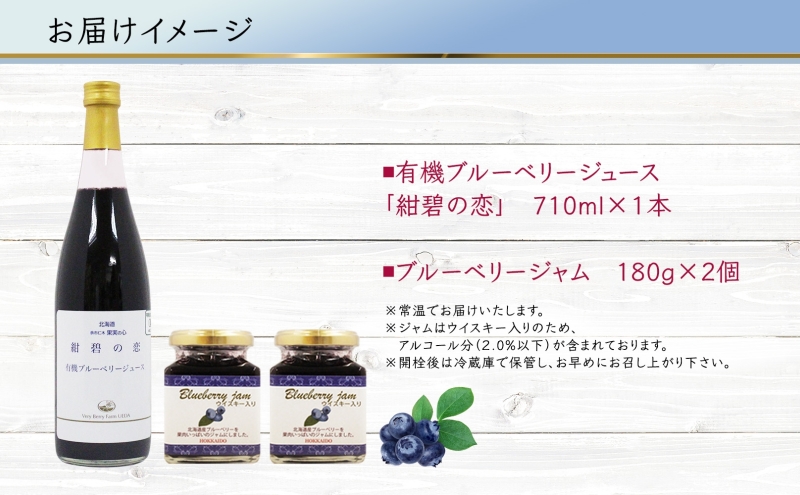 北海道産 ブルーベリージュース 710ml 1本 ブルーベリージャム 180g 2個セット 果汁 100% ジュース フルーツ 果物 自然農園 お取り寄せ ギフト gift 仁木町 余市町