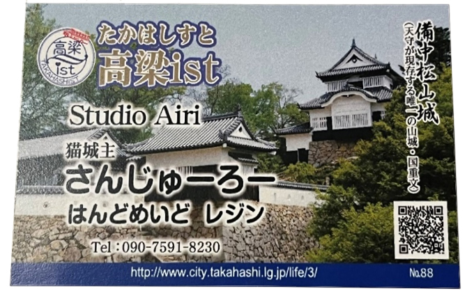 備中松山城猫城主さんじゅーろーレジンキーホルダー＆ポストカード 雑貨 小物 オス猫 セット 名物 地域 どうぶつ アニマル 猫グッズ 猫モチーフ ハンドメイド 保護猫 