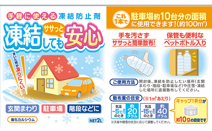 融雪剤　凍結してもササっと安心　2L×2本 雑貨 日用品 凍結防止 塩化カルシウム ペットボトル 保管 スマート 散布 