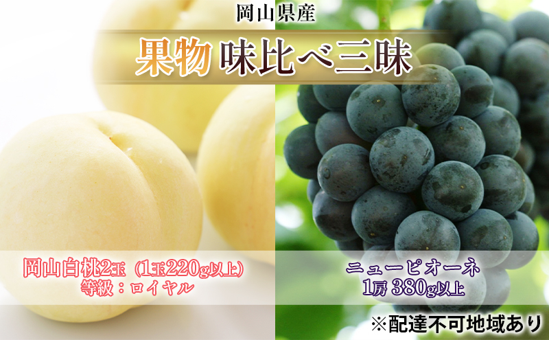 桃 ぶどう 2025年 先行予約 果物 味比べ三昧 岡山 白桃 2玉 等級：ロイヤル（1玉220g以上）ニュー ピオーネ 1房 380g以上 詰合せ もも 葡萄 岡山県産 国産 フルーツ 果物 ギフト 岡山の桃 岡山の葡萄 食べ比べ 