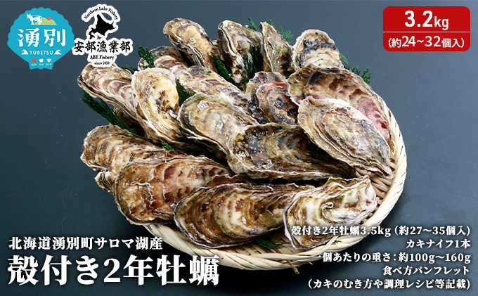 北海道 湧別町 サロマ湖産 殻付き 2年牡蠣 3.2kg(約24～32個入) カキ 海鮮 魚介 国産 貝付き 生食 焼き牡蠣 蒸し牡蠣 冷蔵 産地直送 オホーツク 魚貝類 生牡蠣 かき