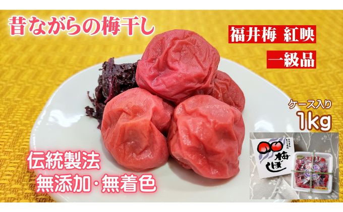 昔ながらの梅干し 一級品（福井県若狭町）伝統製法にこだわり仕上げた無添加・無着色の梅干し／ケース入り1kg ご飯のお供 肉厚 種が小さい 紅映 天然塩 鮮やか 芳醇な香り コク 紫蘇漬け 二度漬け すっぱい 