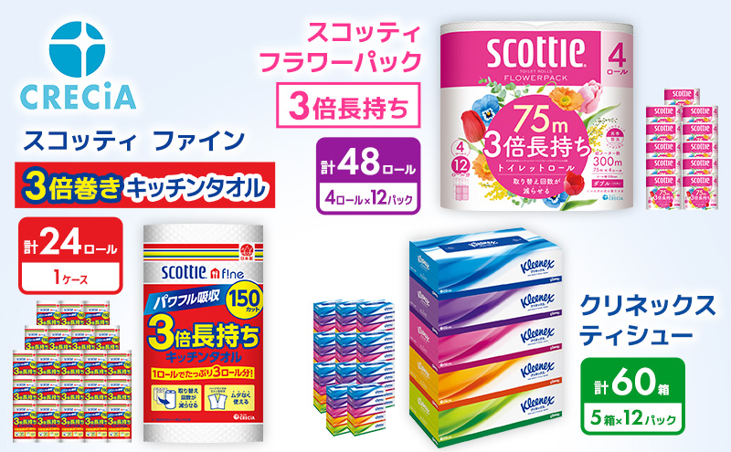 【岩沼市オリジナル】トイレットペーパー ティッシュペーパー キッチンペーパー 日用品セット 3品別配送 スコッティ フラワーパック ダブル 48ロール クリネックス 60箱 ペーパータオル 24ロール 防災 災害 日用品 消耗品 生活用品 生活必需品 まとめ買い 宮城県 岩沼市