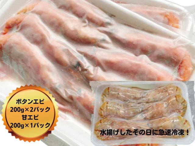 天然ボタンエビ＆甘エビセット 計600g【急速冷凍】 海鮮 魚介 獲れたて 鮮度 お刺身 塩焼き 素揚げ 水揚げ たっぷり 