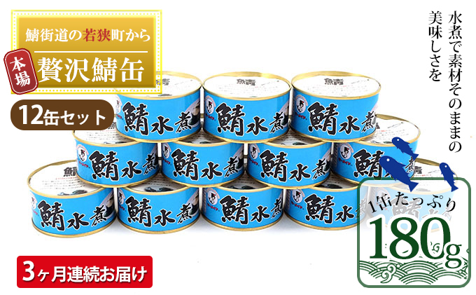 【福井県若狭町】【3ヶ月連続お届け】若狭の鯖缶12缶セット(水煮) 加工食品 魚の加工品 鯖の缶詰 水煮缶 鯖の水煮 鯖の水煮缶 つまみ 調理 食材 魚の缶詰 お魚 食品 ストック 塩味 ノルウェー産 ノルウェー産鯖 DHA 便利 手軽 酒のあて