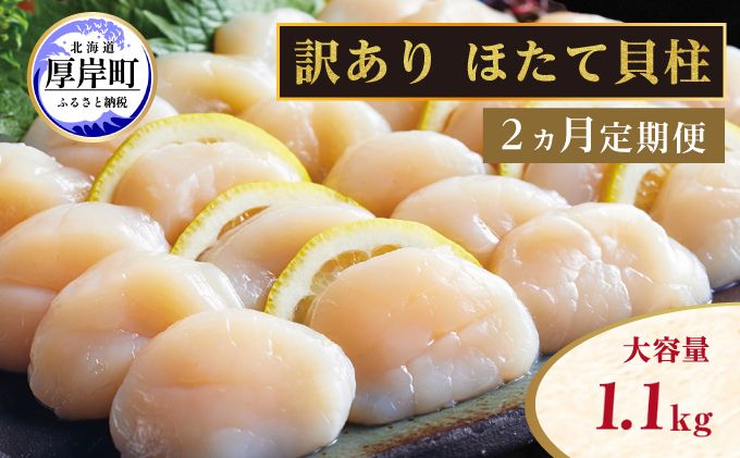 【 2ヵ月 定期便 】北海道 訳あり 冷凍 帆立 貝柱 1.1kg (各回1.1kg×2ヶ月分,合計約2.2kg)  刺身 新鮮 魚貝類 