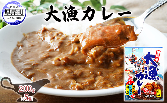 【北海道厚岸町】大漁カレー 200g×5個 (合計1kg入) カレー レトルト 加工食品 惣菜 レトルトカレー 洋食 海鮮カレー ランチ お昼ご飯 夕飯 夜食 手軽 簡単 ほたて いか かに 風味豊か 海の幸カレー 海の幸