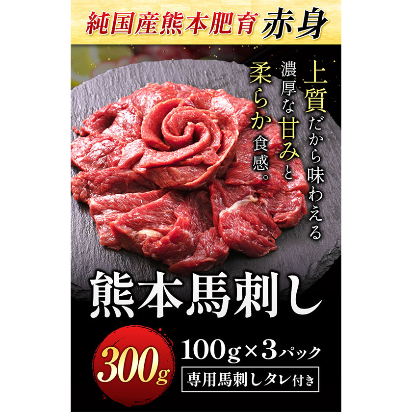 熊本県長洲町のふるさと納税 馬刺し 赤身 馬刺し 300g【純国産熊本肥育】 たっぷり300g 約100g×3 ブロック (タレ5ml×3袋)  生食用 冷凍 《30日以内に出荷予定(土日祝除く)》 馬刺し 馬肉 赤身馬刺し 馬刺し300g 馬刺しセット 生食馬刺し 国産 国産馬刺し 熊本 熊本馬刺し 送料無料