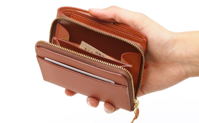 ファスナー付二つ折り財布 キャメル いたがき ファッション小物 手作り 本革 天然皮革 