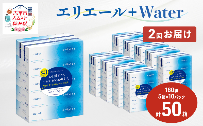 【北海道赤平市】【2回お届け・計100箱】エリエール +Water 180組 5箱×10パック ティッシュペーパー 箱ティッシュ ボックスティッシュ 日用品 消耗品 保湿成分配合 やわらか 定期便 福祉用品 雑貨