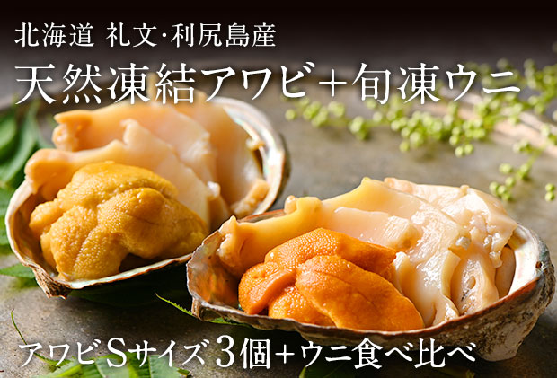 礼文島産　凍結島アワビSサイズ3個 旬凍うに食べ比べセット 魚貝類 瞬間冷凍 旬の味 獲れたての味 磯の香り キタムラサキウニ バフンウニ 贈り物 