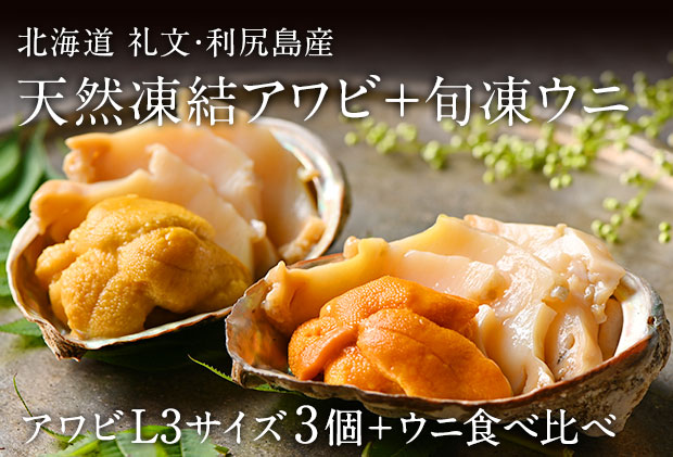 礼文島産　凍結島アワビLサイズ3個 旬凍うに食べ比べセット 魚貝類 瞬間冷凍 旬の味 獲れたての味 磯の香り キタムラサキウニ バフンウニ 贈り物 