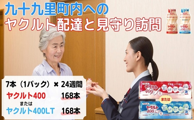 ヤクルト配達見守り訪問　ヤクルト400類　7本×24週間　168本（九十九里町内限定） 見守り訪問サービス 定期訪問 両親 家族 遠保 実家 安否確認 乳酸菌飲料 ヤクルト400LT 甘さひかえめ 