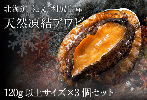 礼文島産　凍結島アワビ 120g以上 3個 魚貝類 魚介類 鮑利尻昆布 良質 瞬間冷凍 磯の香り コリコリ 獲れたて 甘い 贈り物 