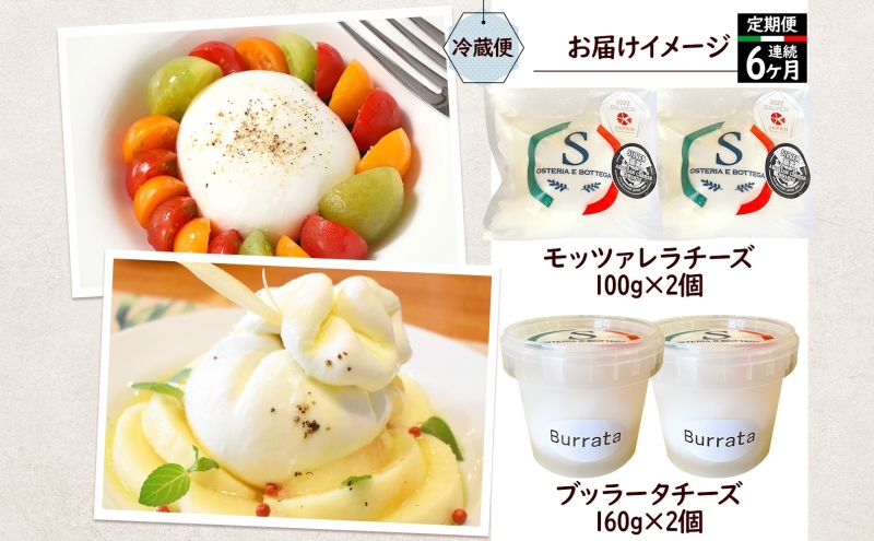 【6ヶ月定期便】自家製 チーズ 詰め合わせ モッツァレラチーズ 100g  ブッラータチーズ180g 各2個 出来立て 神奈川県産 幻のチーズ  モッツァレラ ブッラータ 手作り Osteria e Bottega S 神奈川県 湘南 茅ケ崎 フレッシュチーズ  おつまみ ピザ