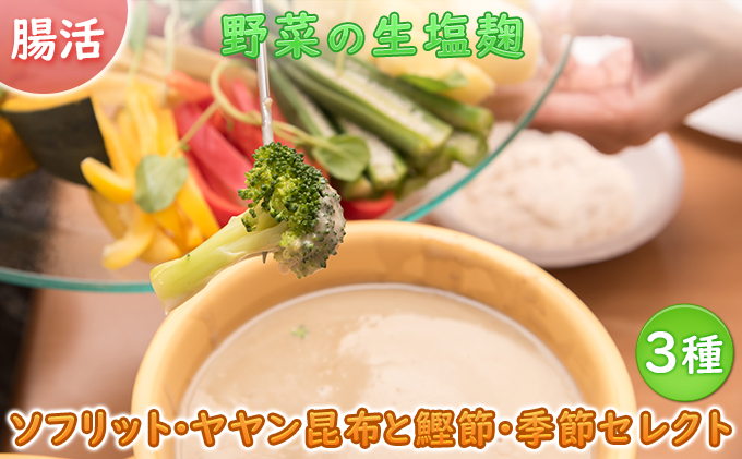 北海道洞爺湖町のふるさと納税 【セゾン限定】サニーサイドアップカフェ 野菜の生塩麹 3種（ソフリット＋ヤヤン昆布と鰹節＋季節セレクト） 調味料 発酵調味料 発酵食品 万能調味料 ビタミンB群 美容 抗酸化作用 腸内環境 整腸作用 味付け