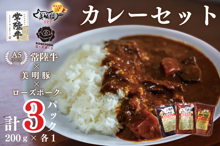茨城県行方市のふるさと納税 DT-51【常陸牛A5ランク】カレー１袋＋【美明豚】カレー１袋＋【ローズポーク】カレー１袋