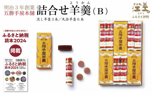 北海道江差町のふるさと納税 五勝手屋本舗『詰合せ羊羹』（B）流し羊羹3本/丸缶羊羹6本　金時豆のようかん　保存料不使用　五勝手屋羊羹の老舗　和菓子　銘菓　名物　贈答用　ギフト　お中元　お歳暮　お祝い　のし　熨斗