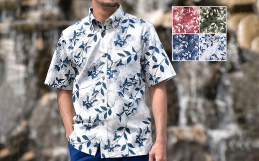 紳士用かりゆしウェア サガリバナ柄Mサイズ×エンジ