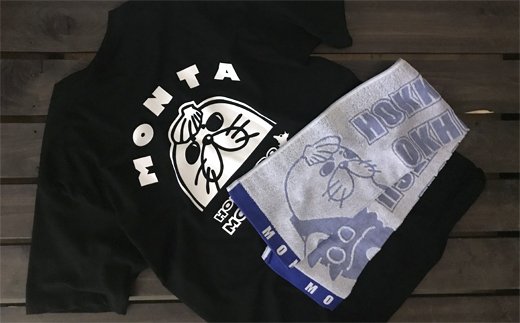 17-65 ゆるキャラ紋太グッズ(Tシャツ[ブラックXL]、タオル[ブルー])