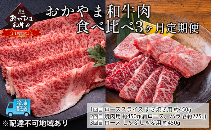 【岡山県玉野市】定期便 3ヶ月 おかやま A4等級以上 和牛肉 食べ比べ 毎月 約450g×3回 牛 赤身 肉 牛肉 冷凍 良質 とろける 霜降り 優秀 有名 美味しい 血統 焼肉 バーベキュー しゃぶしゃぶ