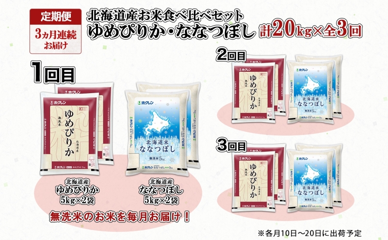 定期便 3ヵ月連続3回 北海道産 ゆめぴりか ななつぼし 食べ比べ セット 無洗米 5kg 各2袋 計20kg 米 特A 白米 お取り寄せ ごはん ブランド米 ようてい農業協同組合 ホクレン 送料無料 北海道 倶知安町 お米 加工食品 惣菜 