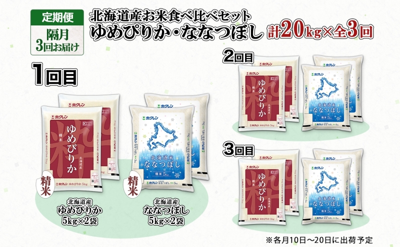 定期便 隔月3回 北海道産 ゆめぴりか ななつぼし 食べ比べ セット 精米 5kg 各2袋 計20kg 米 特A 白米 お取り寄せ ごはん ブランド米 ようてい農業協同組合 ホクレン 送料無料 北海道 倶知安町 お米 
