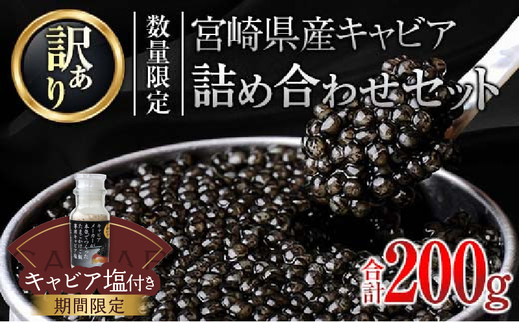 宮崎県日南市のふるさと納税 訳あり 数量限定 5つ星ホテル採用 宮崎県産 キャビア 詰め合わせ セット 合計200g 期間限定 キャビア塩付き 魚卵 魚介 魚貝 国産 熟成 新鮮 高級 希少 食品 三大珍味 黒いダイヤ おすすめ 水産物 おつまみ ご褒美 お祝い 記念日 パーティー 日南市 送料無料_XF1-25-C