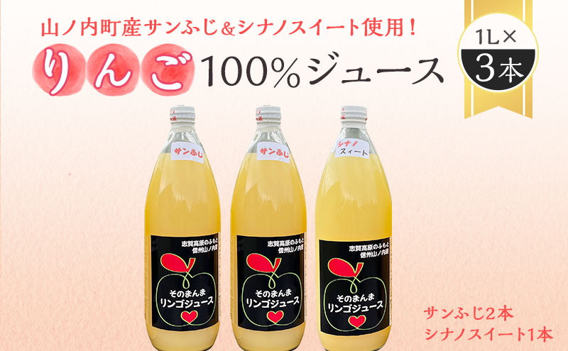 【長野県山ノ内町】山ノ内町産サンふじとシナノスイート使用!りんごジュース 1000cc×3本(サンふじ2本・シナノスイート1本)セット 果汁飲料 アップルジュース りんご100%ジュース