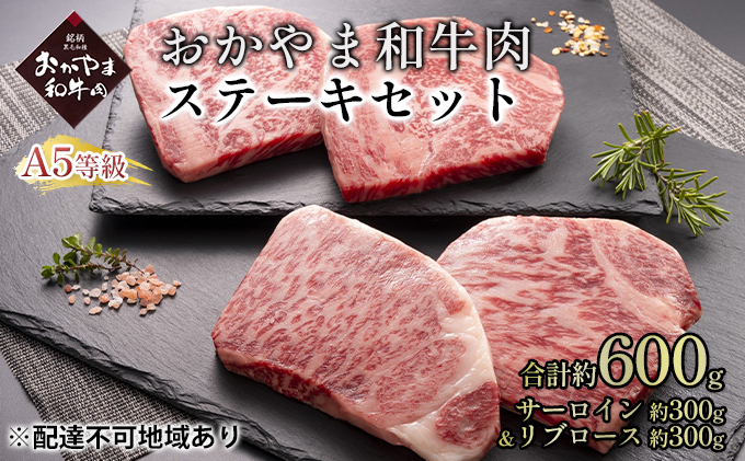 おかやま 和牛肉 A5 等級 ステーキ セット 合計約600g（サーロイン 約300g＆リブロース 約300g）牛 赤身 肉 牛肉 冷凍 やわらか サシ 旨味 良質 アミノ酸 美味しい 