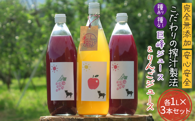 【完全無添加】【安心安全】【こだわりの搾汁製法】種あり巨峰／種なし巨峰／りんごのジュース 3本セット【栽培期間中 除草剤・ネオニコチノイド系農薬・化学肥料不使用】 果実飲料 フルーツジュース 飲み物 飲み比べ 