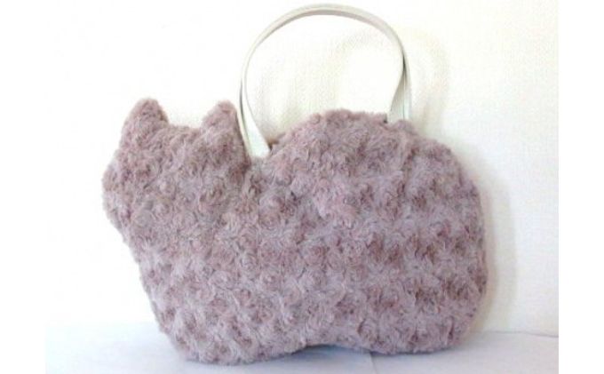 オリジナルネコ型トートバッグ　ローズファー グレー猫 ファッション かばん ふわふわ 手触り エコファー 珍しい 柔らかい おすすめ 