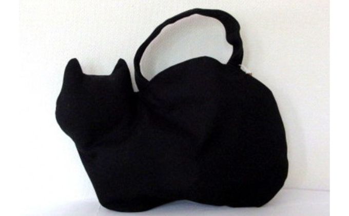 黒猫刺繍♡帆布のトートバッグ 黒ねこポケットの マチ付き帆布トートバック トートバッグ