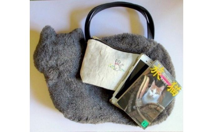 ネコ型帆布トートバッグ　白猫 ファッション かばん 国産 生地 厚手 ポケット 