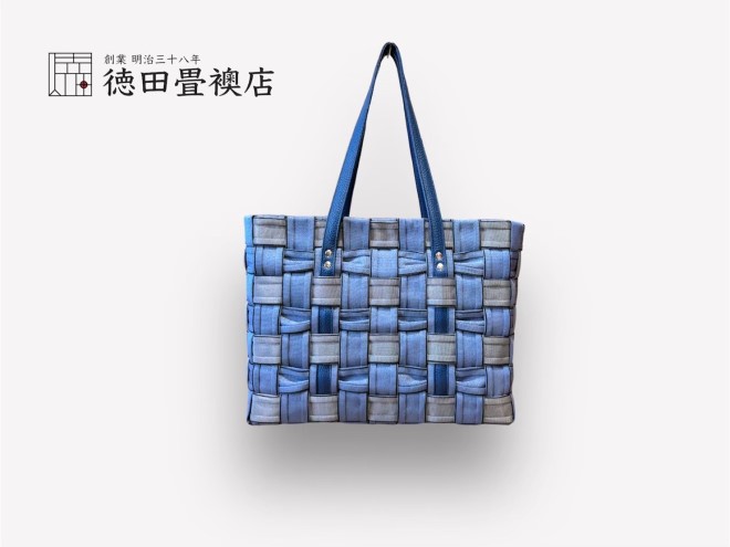 かばん おしゃれ 畳縁手編み バック ブルー×グレー リボン使い ファッション トートバッグ ファッション小物 高級畳縁 軽い オシャレ お出かけ 普段使い 