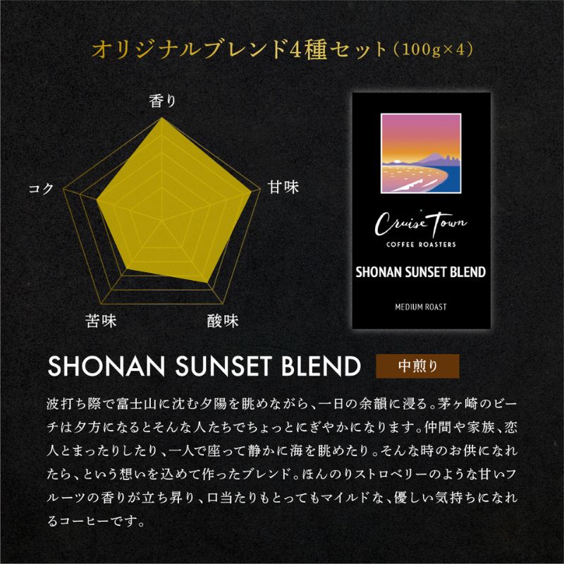 定期便 隔月 3回【茅ヶ崎のスペシャルティコーヒー専門ロースター】CRUISE TOWN COFFEE ROASTERS オリジナルブレンド4種セット（100g×4） コーヒー豆 飲み物 飲料 ドリンク コーヒーブレイク 飲み比べ 