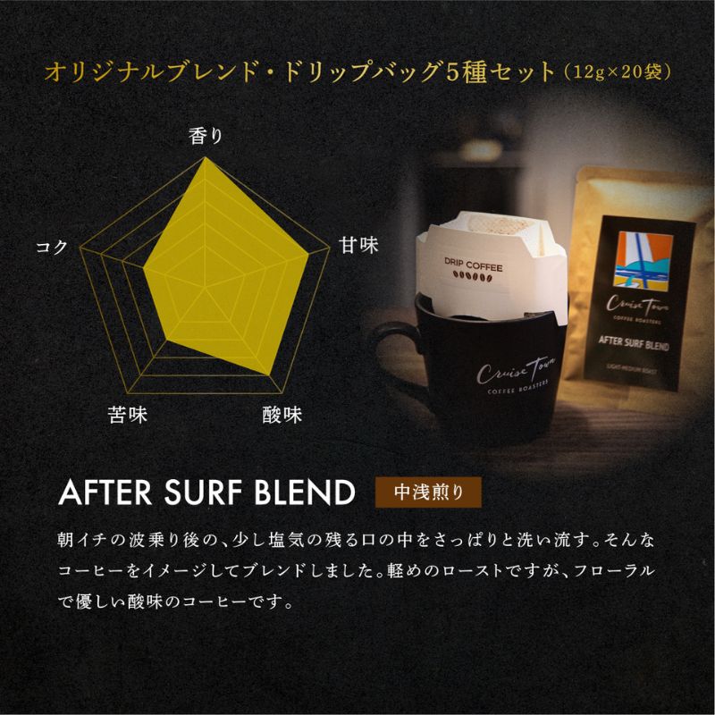 定期便 隔月 4回【CRUISE TOWN COFFEE ROASTERS】オリジナルブレンド・ドリップバッグ5種セット（12g×20袋） 飲み物 飲料 ドリンク コーヒーブレイク ドリップコーヒー 手軽 