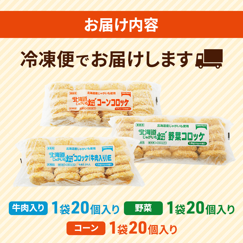 北海道 コロッケ じゃがいも畑 3種 詰め合わせ 計60個 牛肉 入り 野菜 コーン じゃがいも 最短3日 7日出荷 冷凍食品 惣菜 弁当 おかず 揚げ物 グルメ 大容量 冷凍コロッケ 揚げるだけ 時短 within2025