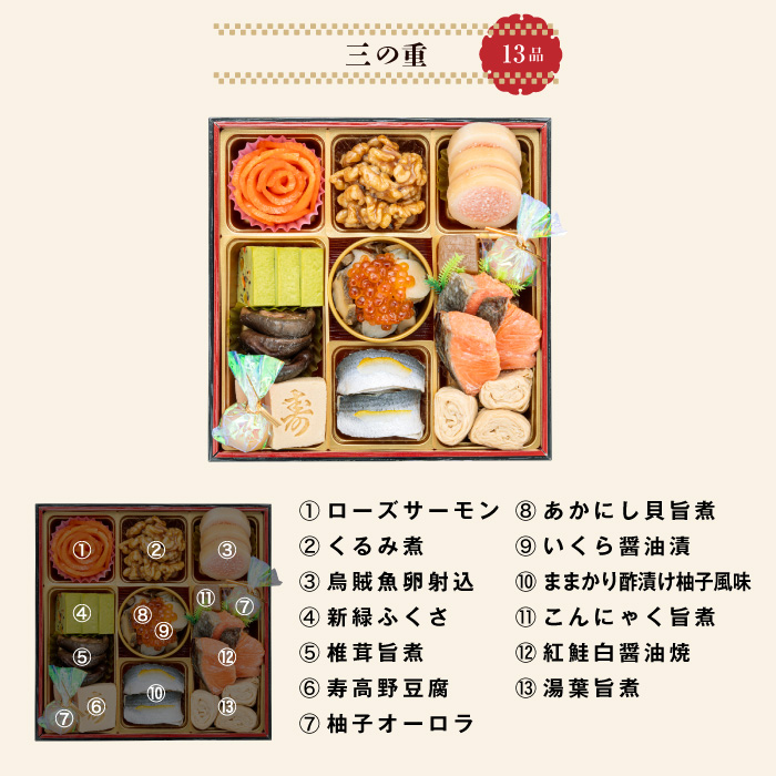 愛知県小牧市のふるさと納税 千賀屋謹製 2026年 迎春おせち料理「祝華千」和風三段重 3人前 全41品　冷蔵 おせち料理 年内配送 お節 冷蔵おせち 人気[035S03]　［料亭おせち 冷蔵おせち チルドおせち 年内配送おせち 三段重おせち 数量限定おせち 新春おせち 千賀屋謹製おせち おせち料理 高級おせち 老舗おせち］