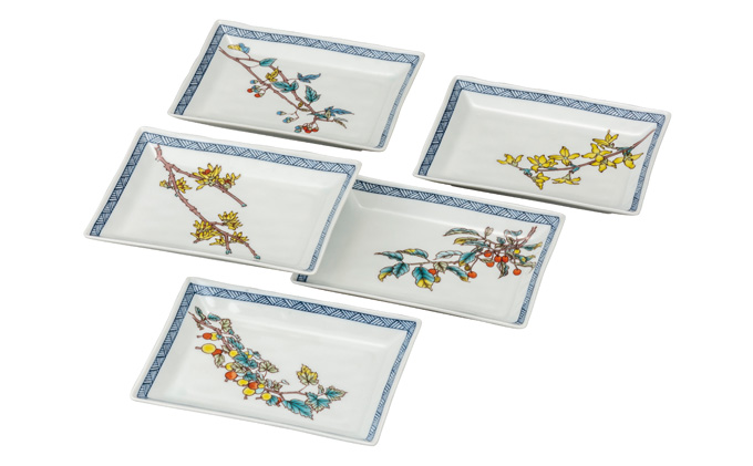 九谷焼　5.8号皿揃　果実絵変り （5枚セット）a01 食器 キッチン雑貨 キッチンアイテム 雑貨 小物 お皿 角皿 食卓 テーブルコーディネート 普段使い 贈り物 