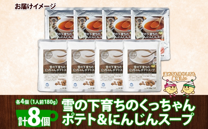 北海道倶知安町のふるさと納税 北海道産 雪の下育ちのくっちゃんポテト＆にんじんスープ 180g×各4個 小分け 個包装 レトルト スープ ポタージュ じゃがいも ニンジン 野菜 朝食 夜食 常備食 送料無料 北の百貨 しりべしや ニセコ 北海道 倶知安町 加工食品 惣菜