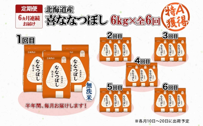 定期便 6ヵ月連続6回 北海道産 喜ななつぼし 無洗米 2kg×3袋 計6kg 米 特A 白米 小分け お取り寄せ ななつぼし ごはん ブランド米 備蓄 贈答用 ようてい農業協同組合 ホクレン 送料無料 北海道 倶知安町 お米 