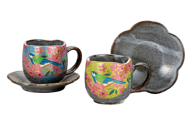 九谷焼　 ペアコーヒー　金桜花鳥　a04 