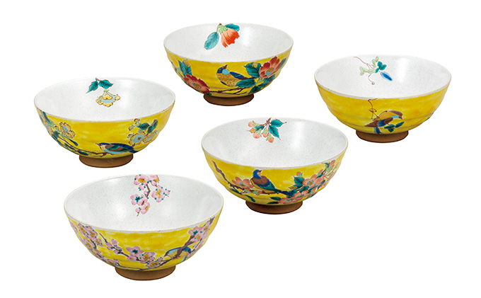 九谷焼　 5客飯碗　吉田屋花鳥絵変り　a02 